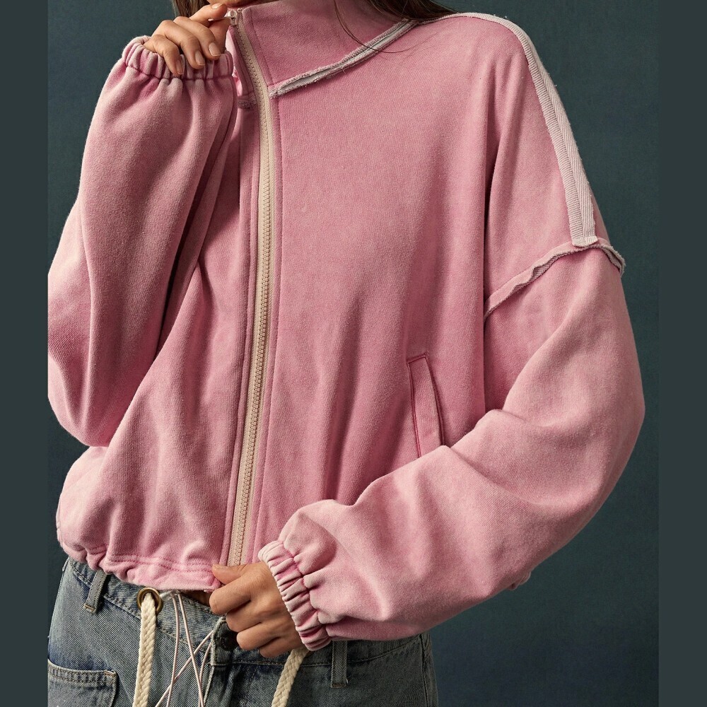 Rose Pink Raw Edge Zip Up Cropped Track Oversized Sweatshirt Jacket